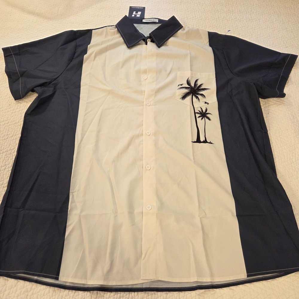 Hawalili Mens 2XL Navy Blue Cream‎ Palm Tree Bowling Camp Shirt NWT Short Sleeve